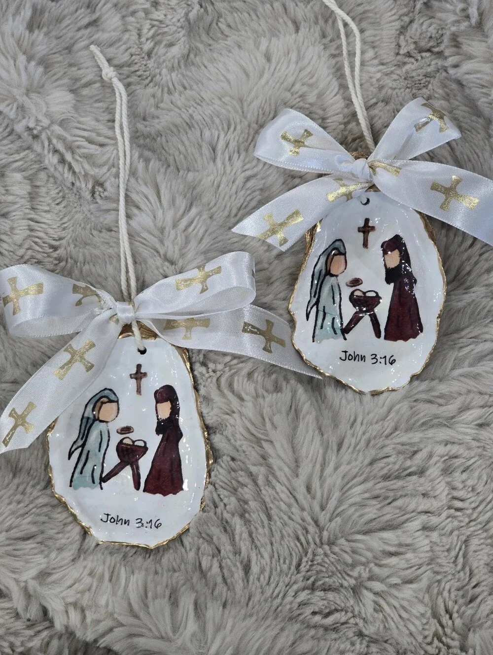 Religious John 3:16 Handcrafted Oyster  Shell Ornament - Set of 2